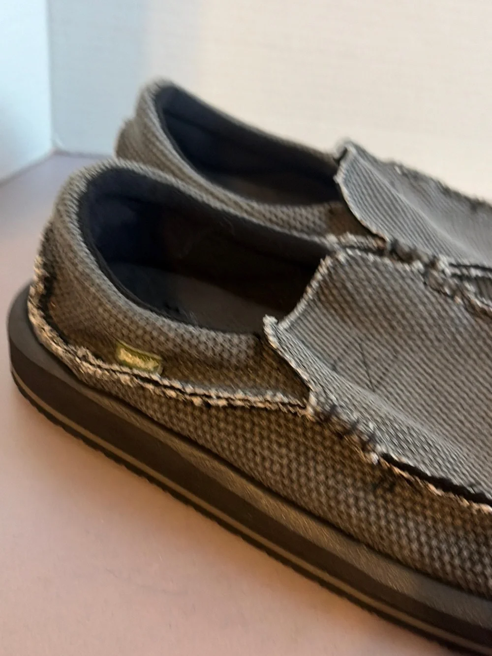 Sanuk Men’s Charcoal Canvas Slip-On Boat Shoes